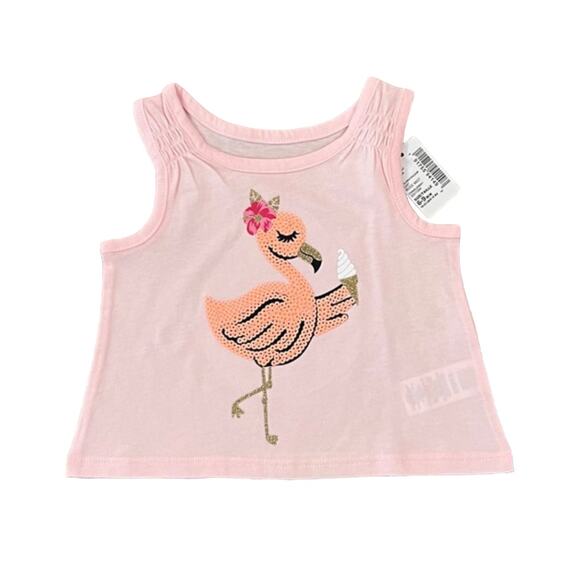 NWT Children's Place Pink W/Sequin Flamingo Graphic Tank & Shorts Outfit - 6-9M - Picture 2 of 9